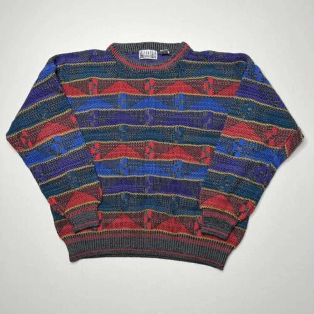 Vintage City Streets 3D 90s Multi Color Coogi Knit Cotton Sweater Size Large - Picture 1 of 4